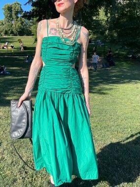 Emerald cotton Ruched open back Sundress with Spaghetti Straps